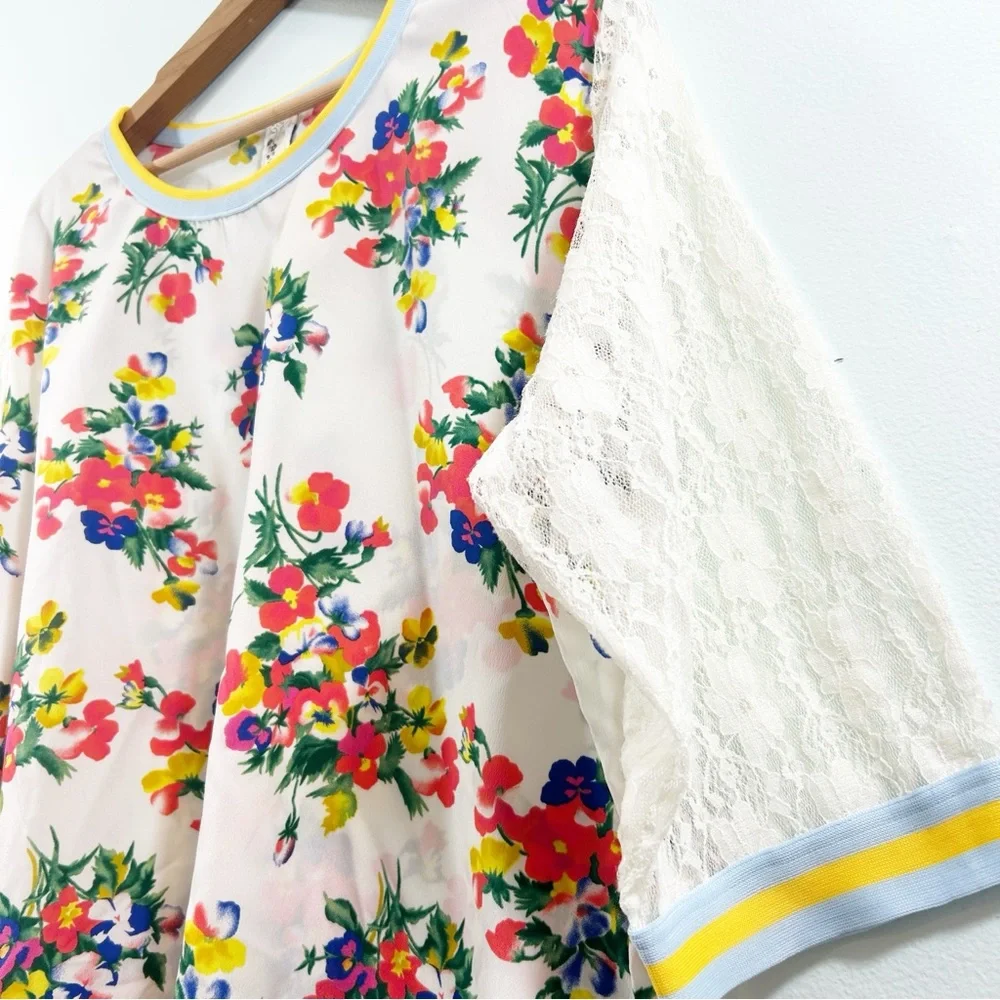 Topia Cream Red Light Blue HiLow Blouse Girly Blokecore Trim & Lace 3/4 Sleeves - Picture 8 of 16